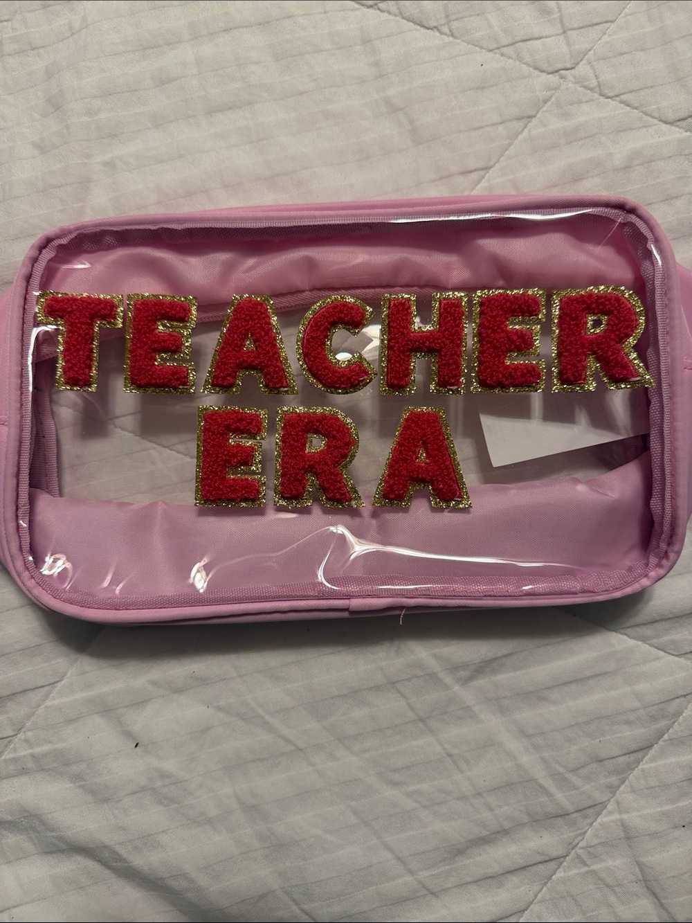 Pink Clear Front Cosmetic Pouch with Red 'TEACHER ERA' Patch